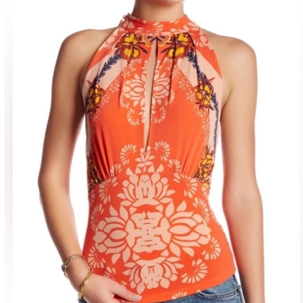 Free People Halter Top Small Cherry on Top Red Combo Floral Keyhole Boho New